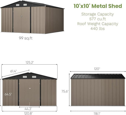 Greesum 10 x 10 FT Metal Outdoor Storage Shed, Brown | Waterproof Weather Resistant Utility Tool House with Lockable Door for Patio, Garden & Lawn Storage