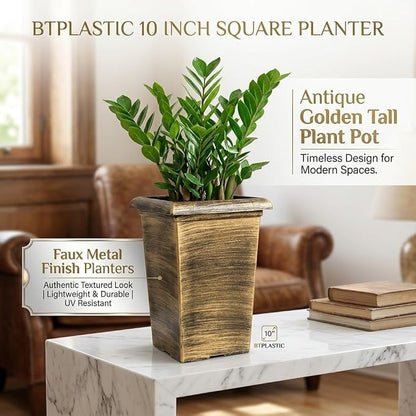 Tall Outdoor Square Planter - 4 Pack 10 Inch Vintage Gold Faux Metal Plant Pot with Drainage Holes & Raised Feet, 13" H Deep Root Plastic Flower Pots for Indoor Outdoor Plants, Trees, Roses