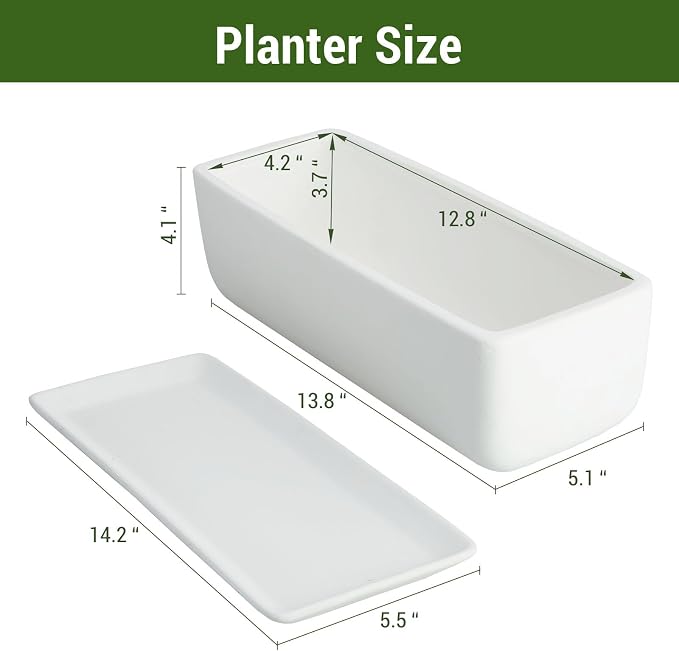 MyGift 14 Inch Ceramic Indoor Plant Pot with Drainage Hole, Rectangular Succulent Planter Window Box with Removable Saucer, Unglazed White