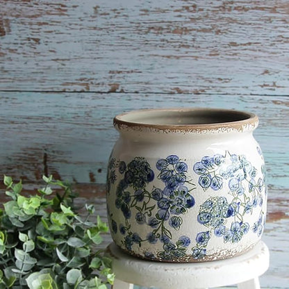 Ceramic Planters Spring Decor, 6.3in Country Cottage Plant Pots with Drainage Hole for Indoor Plants & Succulent, Vintage Crackle Glaze Finish Flower Vase, Home Decor Gifts, Deep Blue Floral
