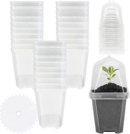EBaokuup 30PCS Clear Plant Nursery Pots with Humidity Dome - 3" Durable Plastic Gardening Pot, Small Plant Container for Seedlings/Vegetables/Succulents/Cuttings