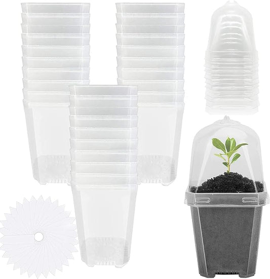 EBaokuup 30PCS Clear Plant Nursery Pots with Humidity Dome - 3" Durable Plastic Gardening Pot, Small Plant Container for Seedlings/Vegetables/Succulents/Cuttings