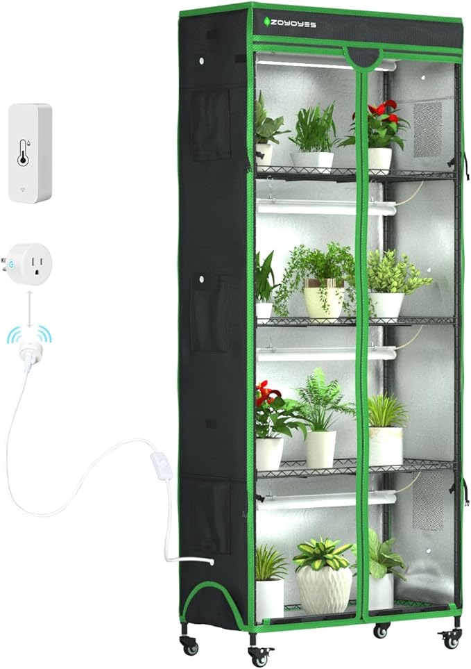 Indoor Greenhouse with Grow Light, Mini Greenhouse with Cover | 5-Tier Plant Shelf with 3-Color T8 Growth Light, Plant Stand with Smart Timing Plug and thermohygrometer, 35.8"x17.8"x71.8"