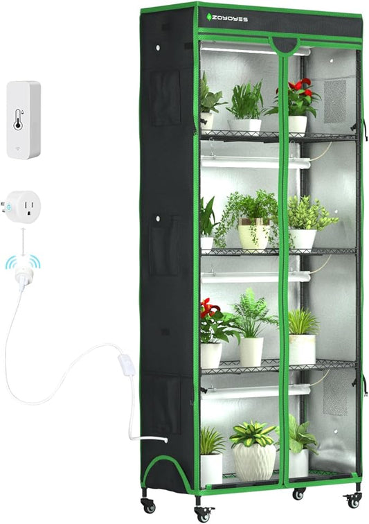 Indoor Greenhouse with Grow Light, Mini Greenhouse with Cover | 5-Tier Plant Shelf with 3-Color T8 Growth Light, Plant Stand with Smart Timing Plug and thermohygrometer, 35.8"x17.8"x71.8"