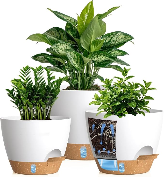 Self Watering Pots with Drainage Holes, 3 Pack 12/10/8 Inch Plant Pots with Water Level Indicator Deep Reservoir, Large Plastic Planter for Indoor Outdoor Plants - White Brown