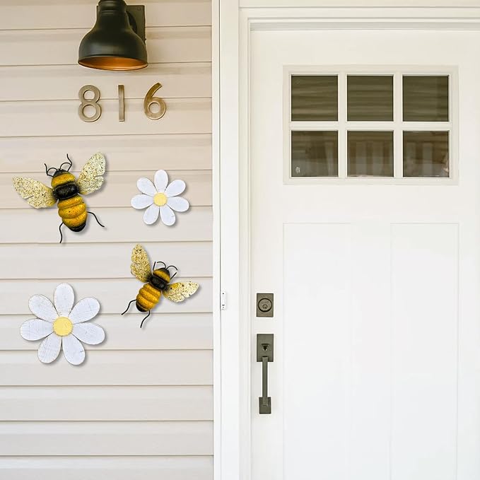 Metal Bee Outdoor Wall Decor - 2Pcs Bee Wall Art Garden Decor, Bumble Bee Decorations for Home, Yard Art Fence Decorations Outdoor