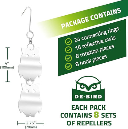 De-Bird Acrylic Reflective Owl Decoys - Sunlight-Activated Owl Reflectors to Scare Birds Away - Crow Deterrent for Patio & Garden - Outdoor Hanging Bird Scare Decoys - 8-Pack, Silver