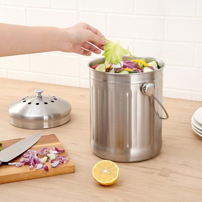 Restaurantware RW Clean 1.3 Gallon Countertop Food Waste Bin 1 Compact Food Waste Container - Avoids Rusting Airtight Lid Stainless Steel 201 Countertop Compost Bin Charcoal Filter