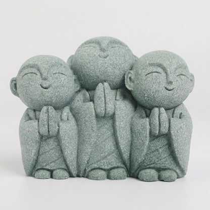 Triple Jizo Monk Statue, Sandstone Figurine for Zen Aquarium Decor | Triple Jizo monk sandstone figurine with connected design for aquarium decor, bonsai displays, and minimalist zen spaces