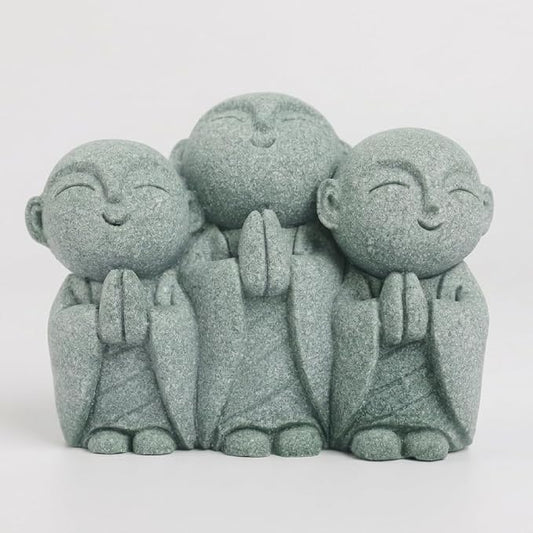 Triple Jizo Monk Statue, Sandstone Figurine for Zen Aquarium Decor | Triple Jizo monk sandstone figurine with connected design for aquarium decor, bonsai displays, and minimalist zen spaces