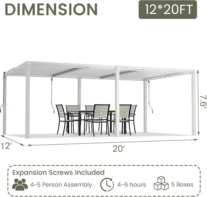 Louvered Pergola 12' x 20', Large Outdoor Aluminum Pergola with Reinforced Steel Roof, Heavy-Duty Hardtop Gazebo for Patio Garden, Weatherproof Sun Shade Shelter, White
