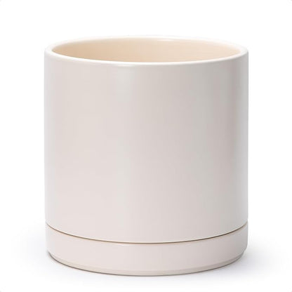 D'vine Dev 10 Inch Ceramic Planter Pot, Oatmeal, 94-O-E-8 | Modern Cylinder Design, Drainage Hole & Saucer Included, Stable Structure, Elegant Home Accent