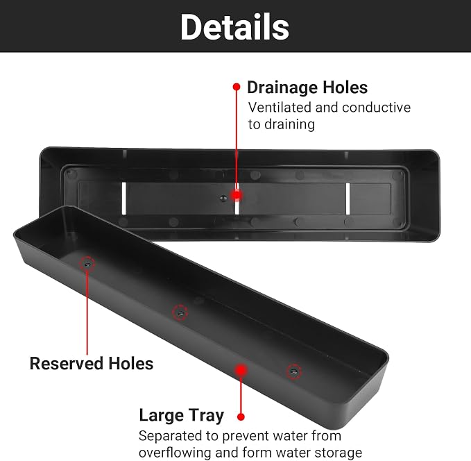 GREANER Rectangle Window Boxes, 6PCS 16x3.8 Inch Black Herb Planters with RemovableTray and Drainage Hole, Succulent Flowers Plastic Pot for Balcony, Office, Windowsill, Garden, Outdoor Decoration Use