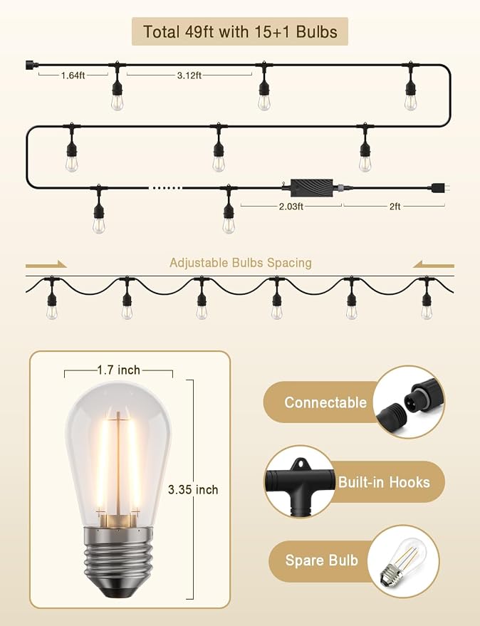 XMCOSY+ Smart Patio Lights 49Ft LED Outdoor String Lights Waterproof IP65, App Control, Compatible with Alexa, Dimmable Edison Bulbs Outdoor Light for Yard Porch Bistro Outside