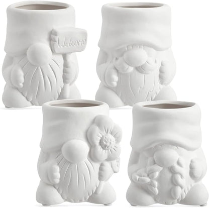 Bright Creations Paintable Ceramic Garden Gnome Planters - 3 x 3 x 4 in, White, Pack of 4, Unfinished - Succulent Pots to Paint with Drainage Holes & Plugs - DIY Pottery Kit