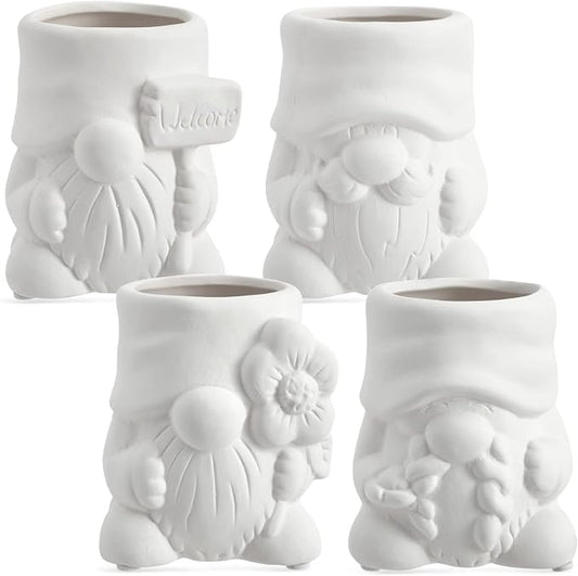 Bright Creations Paintable Ceramic Garden Gnome Planters - 3 x 3 x 4 in, White, Pack of 4, Unfinished - Succulent Pots to Paint with Drainage Holes & Plugs - DIY Pottery Kit