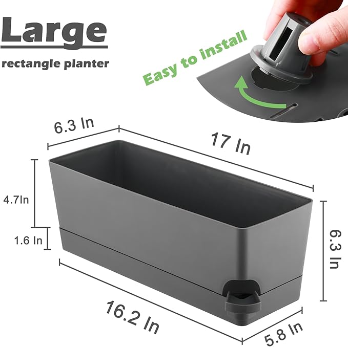2 Pack Rectangle Self Watering Pots for Indoor Plants 17 Inches Window Boxes Planters Rectangular Flower Pots Herb Large Plant Pots with Drainage Holes and Saucers Windowsill Planter, Grey