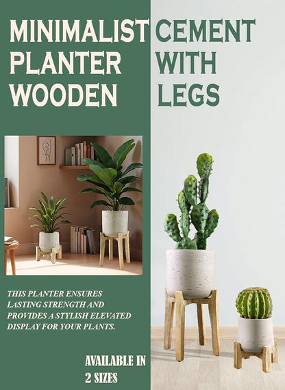 Serene Spaces Living Minimalist Cement Planter with Wooden Legs – Sleek Planter for Succulents, Cacti, Indoor Greenery, Versatile, Durable Plant Pot for Home or Office, 11.5" Diameter & 20.5" Tall