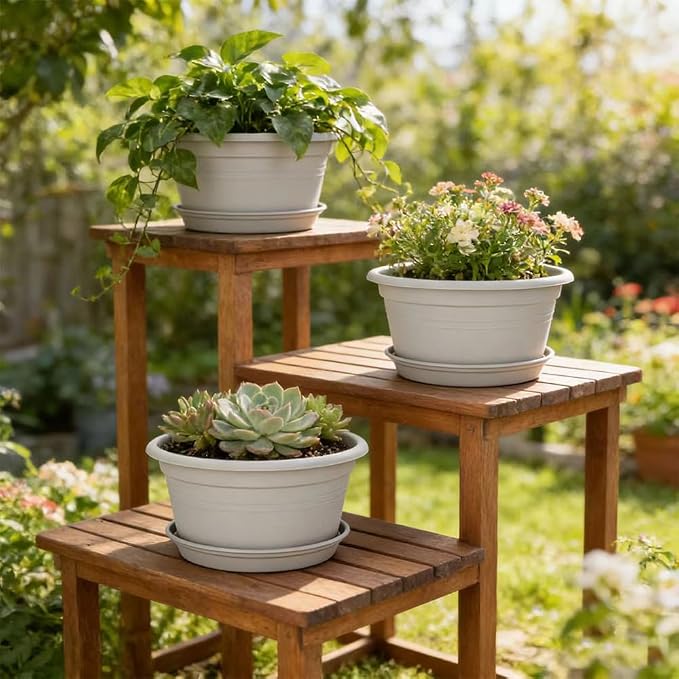 MRPAPA 6 Pack Large 10 Inch Plastic Plant Pot, Outdoor Indoor Round Planters Pots with Drainage Hole & Tray Saucer,Decoration Pots for Home,Patio & Garden (Grey White)