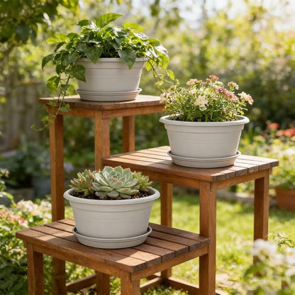 MRPAPA Round Plastic Pots for Plants, Outdoor Planters with Drainage Hole & Tray Saucer, Decoration Large Flower Pots for Indoor Outdoor Garden Home Plants (4, Gray White, 13 Inch)