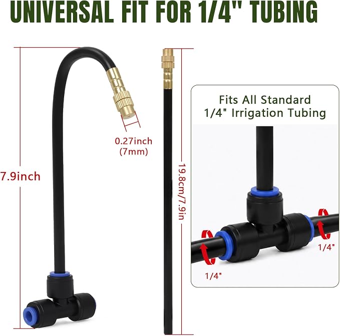 Adjustable Drip Irrigation Nozzles Tee, 20 Pack 8" 360° Bendable Garden Watering Sprayers for 1/4" Tubing, Micro Spray Emitters for Plants, Flower Beds, Greenhouse