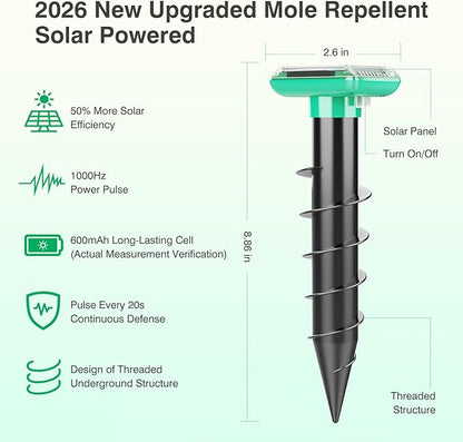 Mole Repellent Solar Powered, Snake Repellent for Yard, Squirrel Repellent Outdoor, Ultrasonic Deterrent Stakes, Get Rid for Gopher, Vole, Deer, Groundhog for Lawns Garden, 4 Pack, Green