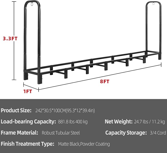Kendane 8FT Firewood Rack Outdoor, Heavy Duty Adjustable Firewood log Storage & Holder, Wood Pile Lumber Storage Rack Stacking Outside for Courtyard Patio.