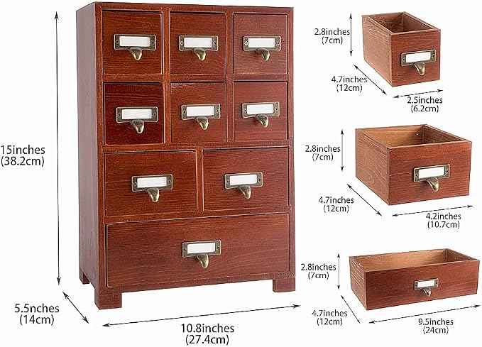 Apothecary Drawers Apothecary Cabinet with Drawers, Brown | 9 Drawer Library Card Catalog, Wooden Storage Box, Wooden Desktop Organizer with Metal Handles-Fulled Assembled