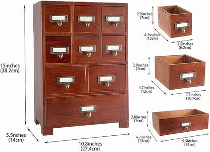 Apothecary Drawers Apothecary Cabinet with Drawers, Brown | 9 Drawer Library Card Catalog, Wooden Storage Box, Wooden Desktop Organizer with Metal Handles-Fulled Assembled