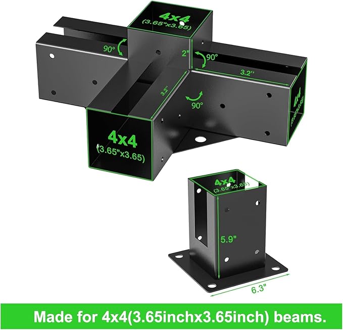 4x4 Pergola Brackets Kit, 3.6 in, 2 4-Way Corners, 2 Post Bases | Q235 Steel with Black Coating, 20 Hex Screws and Drill Bit Included for Gazebos, Patios and Outdoor Kitchens