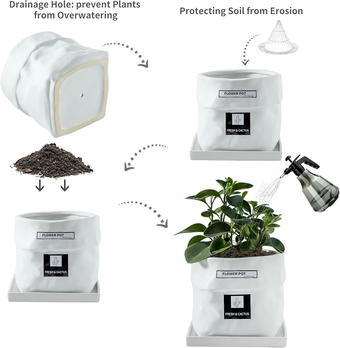 Nihow 8 Inch Ceramic Plant Pot with Drainage & Square Saucer,White | Bag Shape Design,Indoor & Outdoor,Living room/Office/Bedroom/Windowsill/Tabletop,Plant Lovers/Gardeners/Beginners