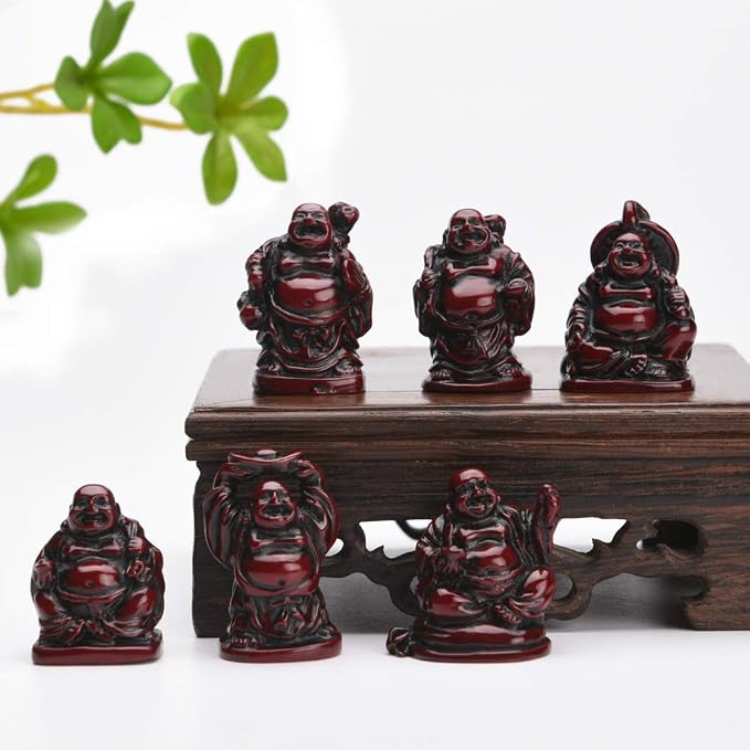 6Pcs 1'' Red Resin Laughing Buddha Figurines, Tabletop Lucky Decor | Mini Maitreya Buddha Statue, Flower Pot Statue, Home Office Desk Decor, Fengshui Collection Gift Ornaments