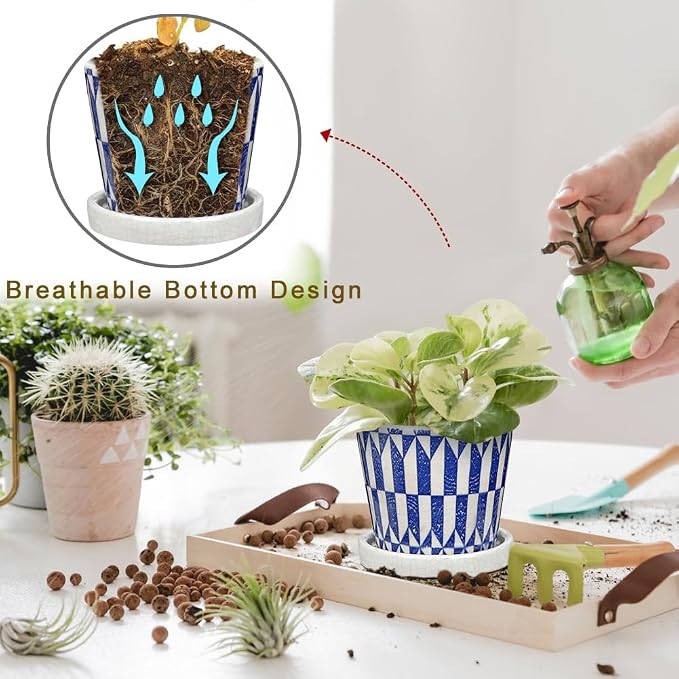 Small Ceramic Pots for Plants, 4.7 inch Blue and White Plant Pot Indoor with Drainage & Saucer Set of 3 Ceramic Planters for Indoor Plants Succulent Pot Decorative Flower Pots for Cactus, Orchid, Herb