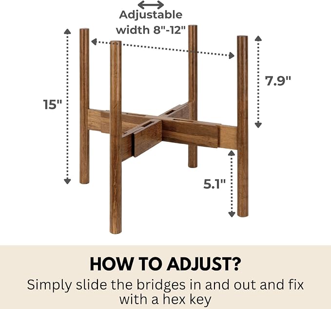 Fox & Fern Adjustable Plant Stand Indoor — 8 to 12 Inch Premium Mid Century Bamboo Plant Stand with Adjustable Width; Plug In Design; Easy to Assemble; Two Heights - For 8, 9, 10, 11 & 12 Inch Pots