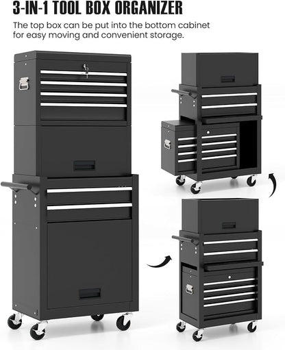 ARNOT 2-in-1 Rolling Tool Chest with 5 Drawers, Heavy-Duty Metal Tool Box with Wheels, Detachable Top Tool Box & Rolling Tool Cabinet for Garage, DIY (6-Drawers Whith Middle Box, Black)