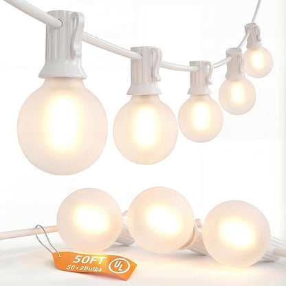 SUNSGNE White String Lights Outdoor, 50FT White Outdoor Lights with 52 G40 LED Frosted Shatterproof Bulbs(2 Spare) for Balcony Patio Tent Backyard Bistro Cafe Christmas Decor