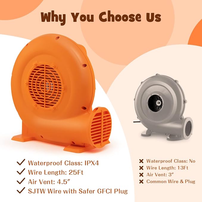 Costzon Air Blower, 0.7HP Blower for Bounce House with 25FT SJTW Wire & Stakes, GFCI Plug, ETL, 550W, Perfect for Inflatable Bouncer Blower Orange, IPX4 Air Blower for Inflatables