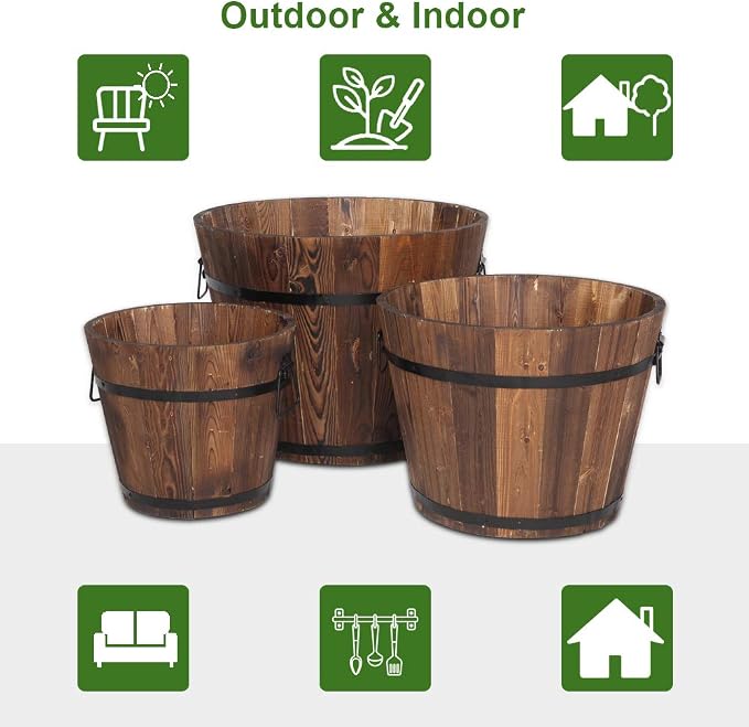 3 PCS Large Wooden Planter Barrel Set - Whiskey Real Wood Decor Plant pots, Rustic Flower Planters Pots Container w/Drainage Holes for Indoor Outdoor Garden Home Plants (18",15.2",11.5")
