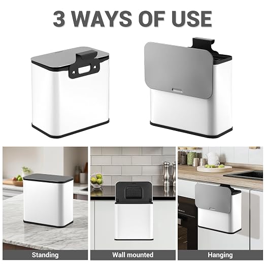 1.3 Gallon/5L Slim Stainless Steel Trash Can with Lid, Odor Control Charcoal Filter, Removable Bucket, Hanging/Wall Mounted/Standing Waste Bin for Kitchen, Bathroom, Bedroom, Office - White