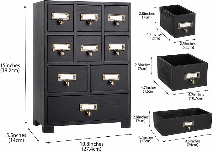 Apothecary Drawers Apothecary Cabinet with Drawers, Black | 9 Drawer Library Card Catalog, Wooden Storage Box, Wooden Desktop Organizer with Metal Handles-Fulled Assembled