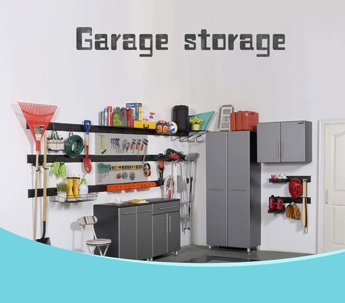 Ultrawall 13 PCS Tool Storage Rack, 64 Inches Adjustable Garage Organization Wall Mounted Storage System with 9 Hooks, Heavy Duty Steel Garden Tool Organizer Wall Holders
