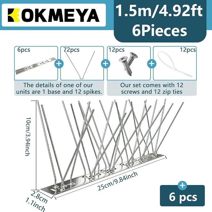 304 Stainless Steel Bird Spikes for Outside, Durable Pigeon Spikes Fence Kit to Keep Small Birds, Crows and Woodpeckers Away, Outdoor Scare Devices, 6 Pcs Covers 4.92 FT