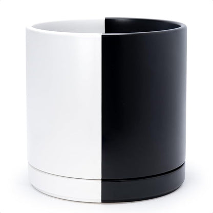 D'vine Dev 12 Inch Ceramic Planter Pot with Drainage Hole and Saucer, Indoor Cylinder Round Planter Pot, Split Monochrome Black & White, 94-O-F-0