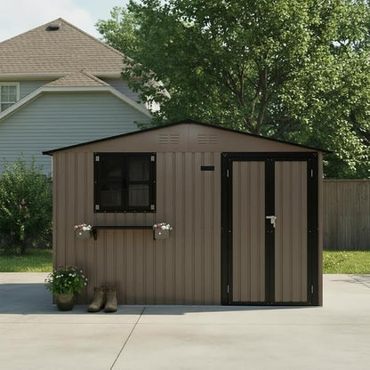 10x8 FT Storage Shed,Outdoor Metal Building Backyard Shed with 2 Clear Openable Windows,Windowsill & Garden Bed Flower Rack,Lockable Double Doors Tool Shed, Heavy Duty Waterproof,for Yard,Brown