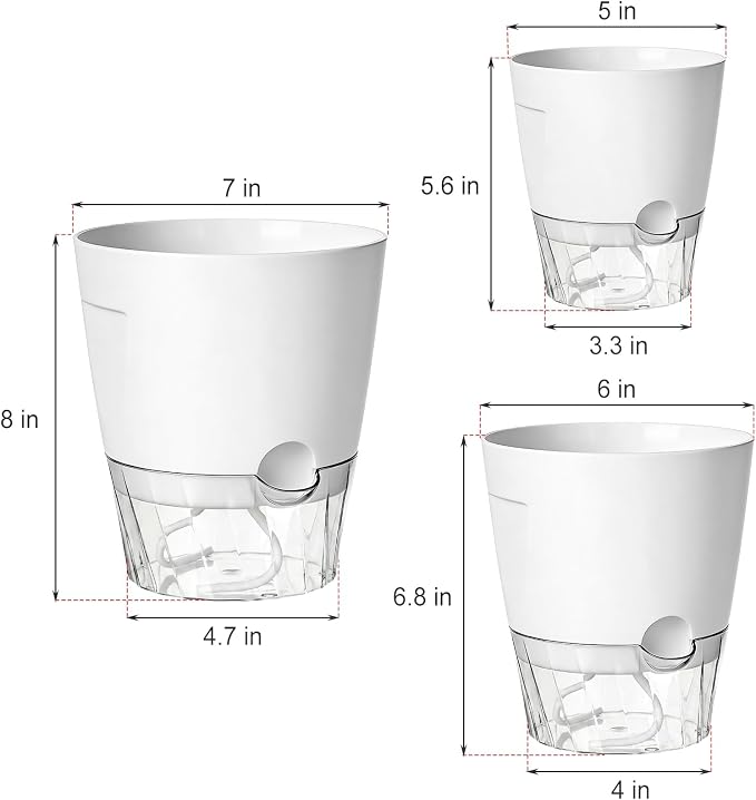 Hayder 5/6/7 Inch Self Watering Pots for Indoor Outdoor Plants 6 Pack, Plastic Planter with Drainage Holes, Water Level Indicator & Deep Clear Reservoir, Modern Decorative Flower Pots