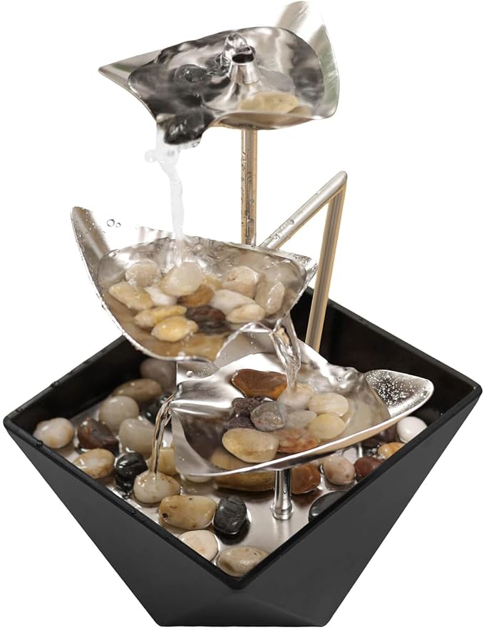 Trilogy Tabletop Fountain with 3-Tier Stainless Steel Waterfall | Handcrafted Design, Adjustable Water Flow & Smart Pump for Modern Home Decor