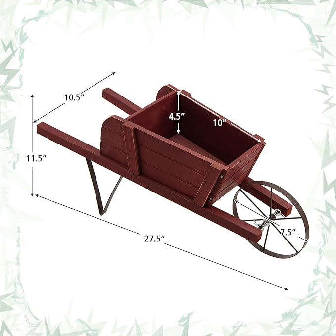 Wooden Wagon Planter, 27.5"x10.5"x11.5" Wheelbarrow Cart Plant Pot with Halloween Decoration & Metal Supports, Single Wheel Movable Garden Flower Cart Planter for Yard, Backyard (Red)