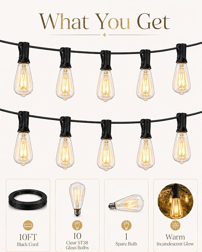 10FT ST38 Outdoor Edison String Lights with11 Clear Vintage Light Bulbs | Clear Glass ST38 Bulbs, Warm Vintage Glow, E12 base, UL-listed cord and End-to-End Connection for Porch Patio Decor