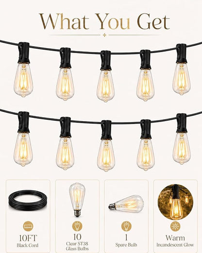 10FT ST38 Outdoor Edison String Lights with11 Clear Vintage Light Bulbs | Clear Glass ST38 Bulbs, Warm Vintage Glow, E12 base, UL-listed cord and End-to-End Connection for Porch Patio Decor