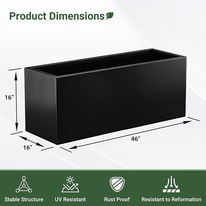 Metal Planter Box 46” x 16” x 16”, Tall Rectangle Planter Box | with Drainage Holes & Rust-Proof Coating, Modern Outdoor Black Planter Box for Porch, Garden, Patio, Yard